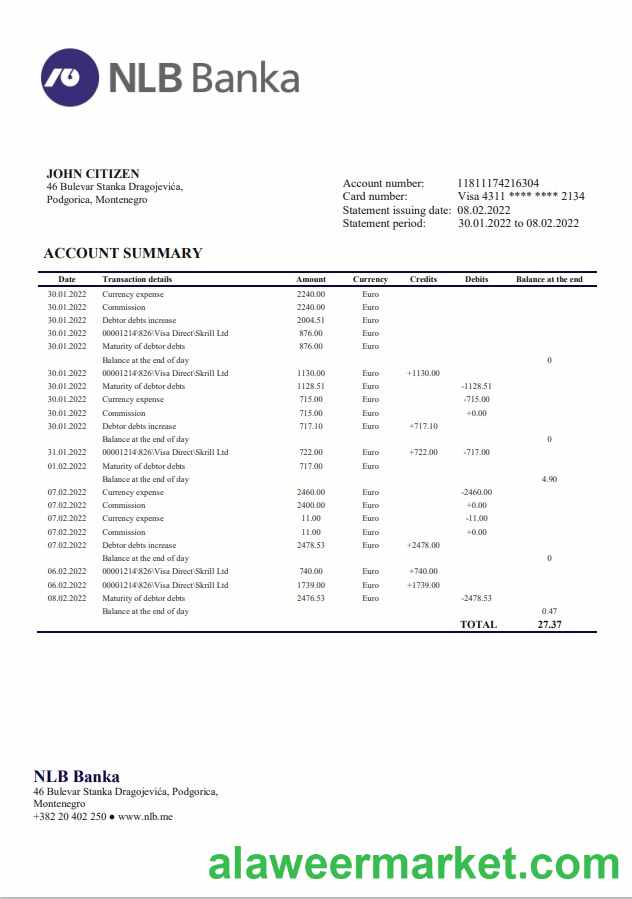 Montenegro NLB Bank statement